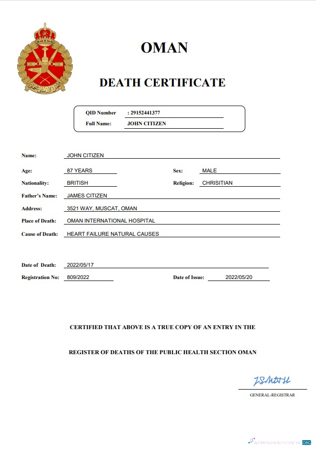Download Oman vital record death certificate Word and PDF template Photoshop template